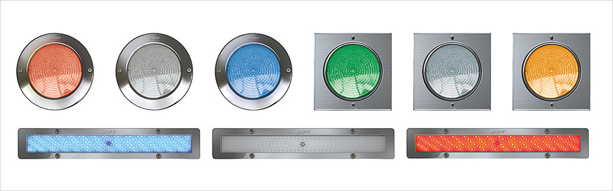 sopra LED/RGB-Scheinwerfer in verschiedenen Formen und Größen.