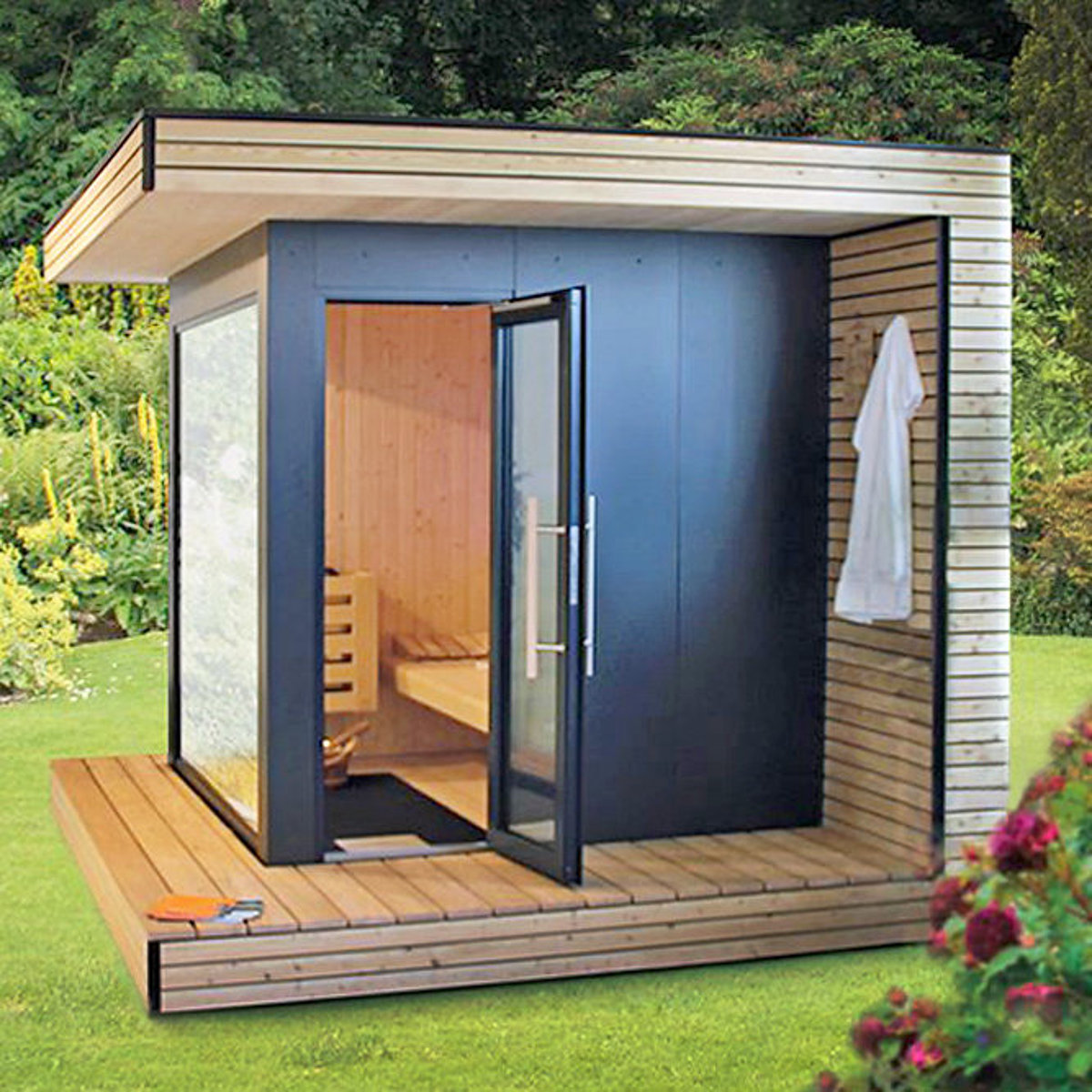 Eine moderne Sauna im Garten.