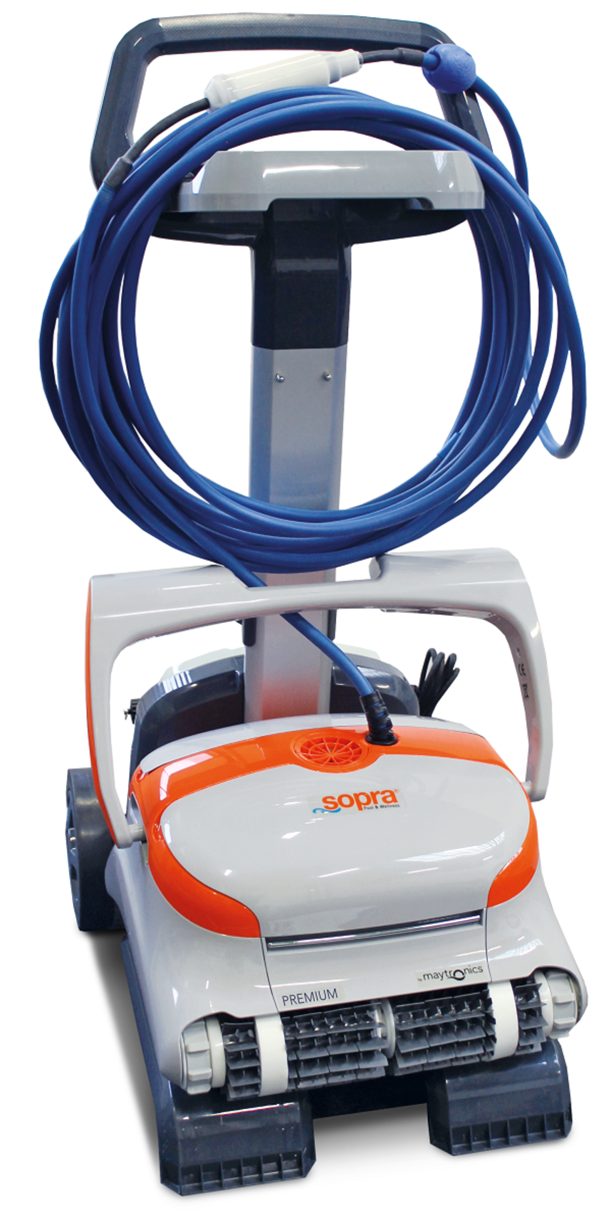 Der Poolreinigungsroboter sopra Premium Cleaner auf seinem Caddy.