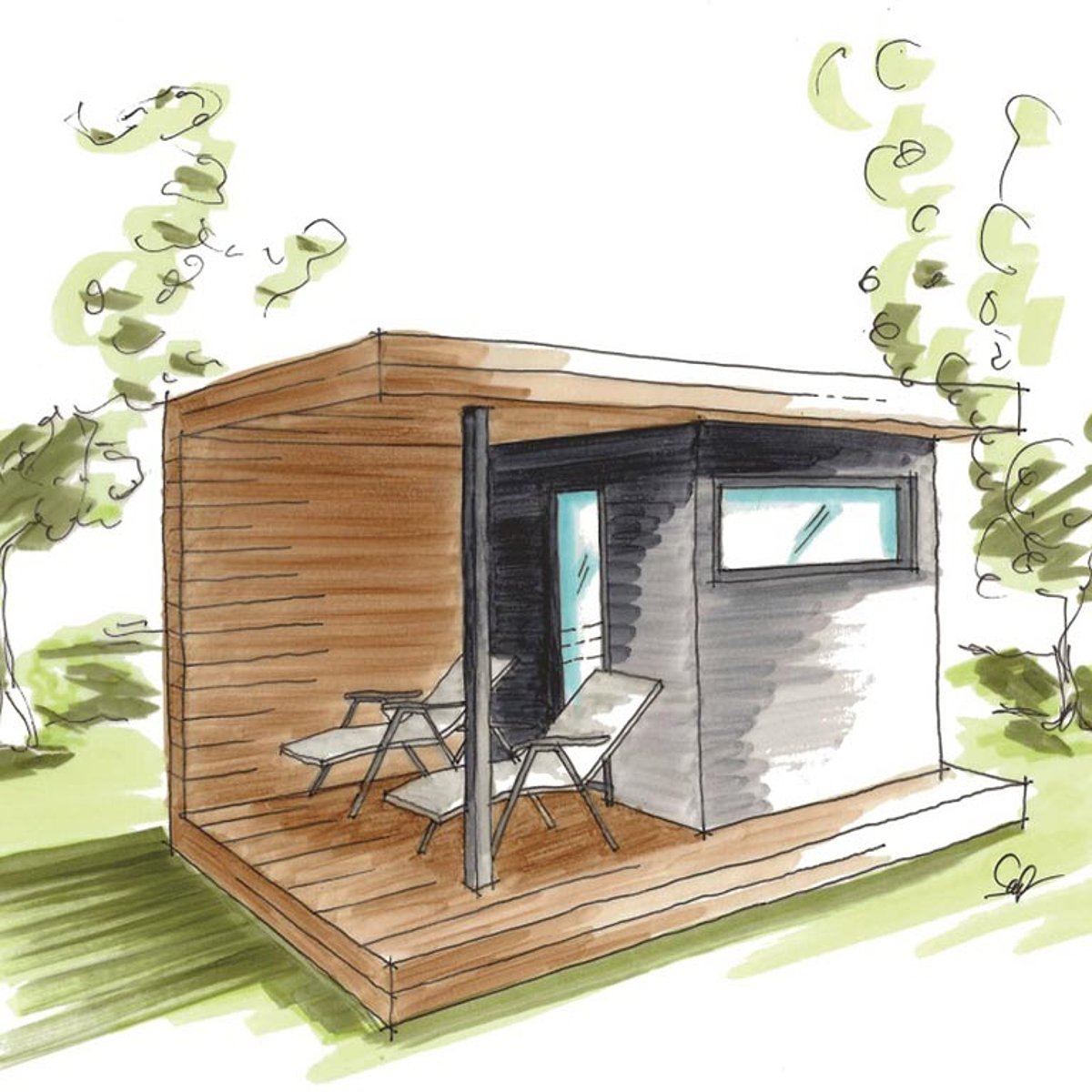 Het MODUL II design saunahuisje met terras aan de voorzijde.