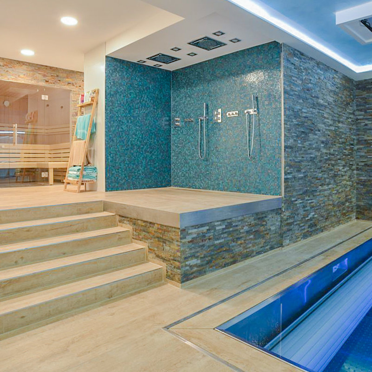 Een sauna. Daarnaast een doucheruimte. Een verdieping lager: een zwembad.